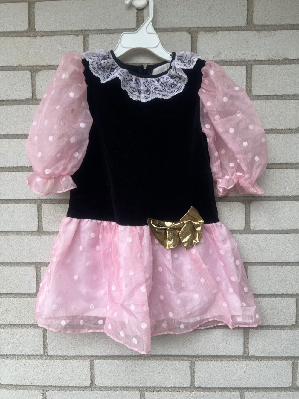 Vintage 80s Party Dress Girls Size 6 Black Velvet Pink Chiffon Polka Dot
